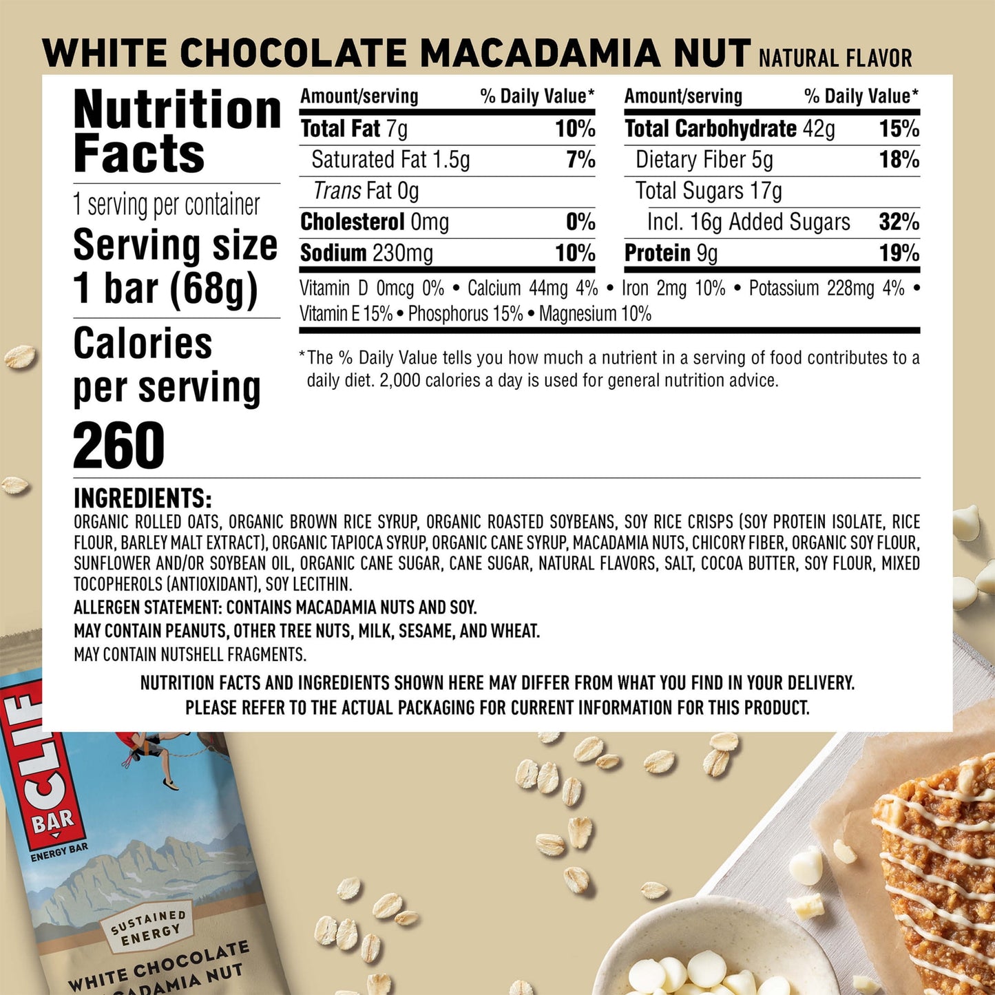 CLIF BAR White Chocolate Macadamia Nut Flavor Energy Bars, Plant Based Protein Bars, 5ct
