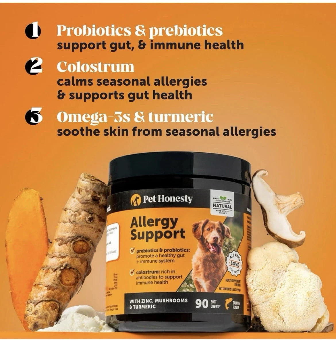 ALLERGY SUPPORT SUPPLEMENT for Dogs Omega 3 Salmon Fish Oil 90 Count PETHONESTY