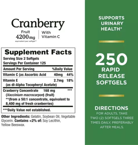 Nature's Bounty Cranberry With Vitamin C, Fruit 4200 Mg, 250 Ct Softgels